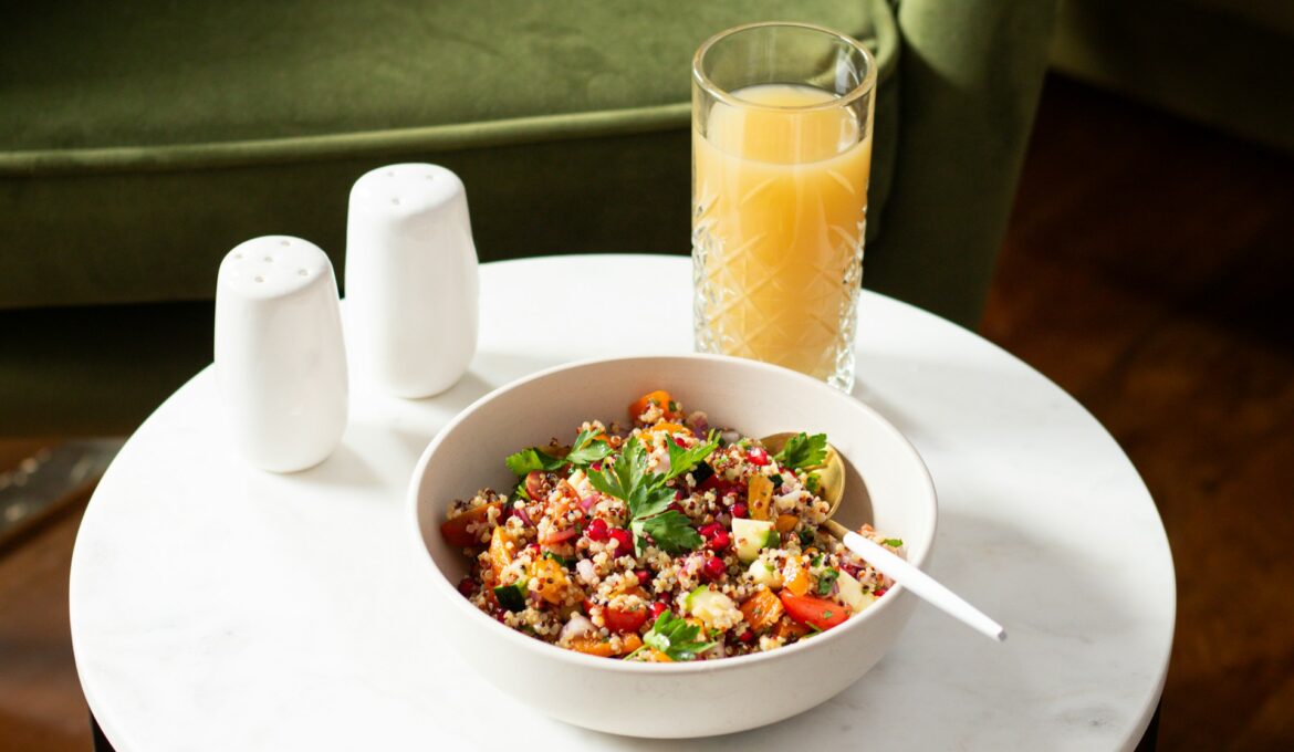 salad with glass of juice