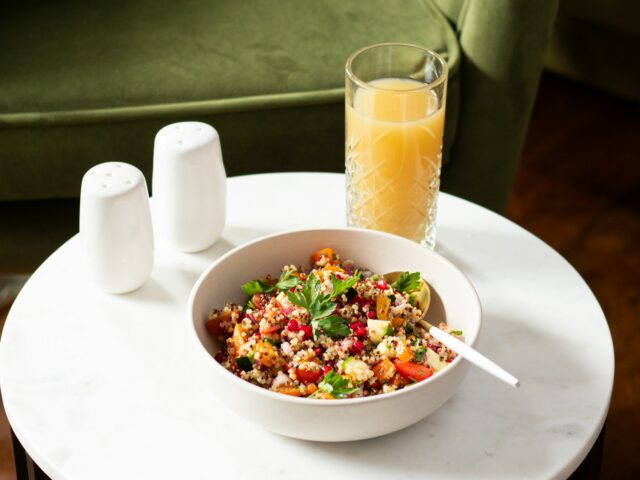 salad with glass of juice